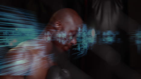 animation of dna strand spinning and data processing over strong man exercising
