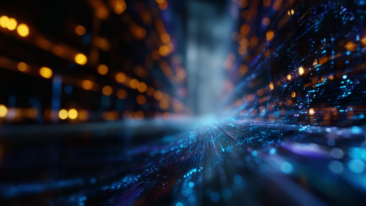 A Stunning Visual Representation of Dynamic Digital Data Flow with Glowing Particles and Light Trails in a Futuristic Space