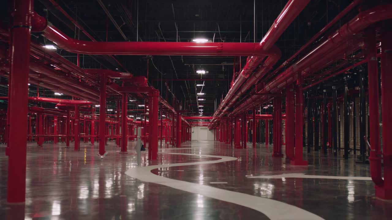 Exploring an Expansive Industrial Space with Red Pipe Infrastructure: A Visual Journey Through a Modern Warehouse Environment