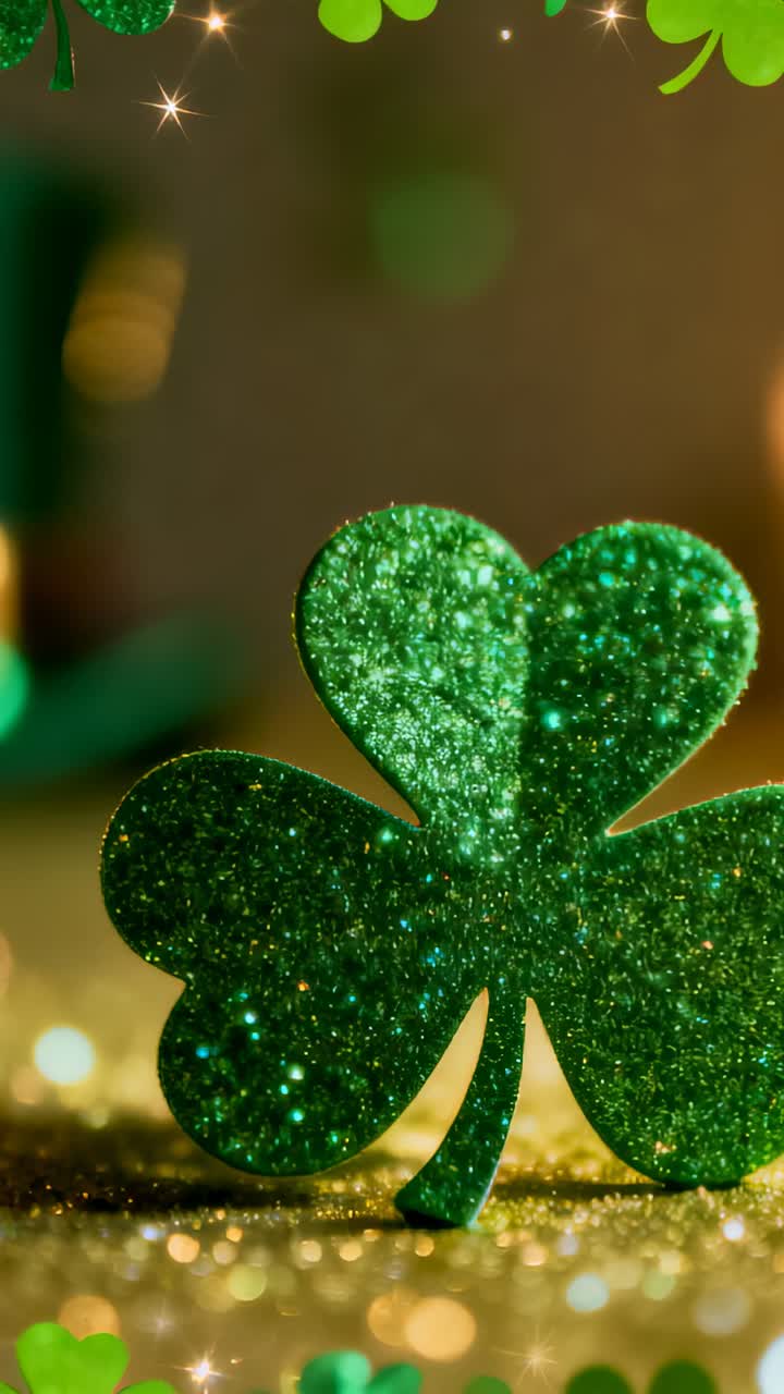 Vertical video: Emerging clover cutouts urging green shamrock shining on gold surface, star sparkle