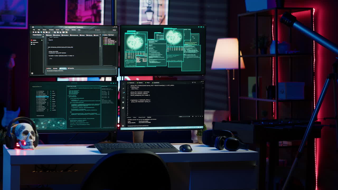 High tech computer system running malicious code in empty apartment