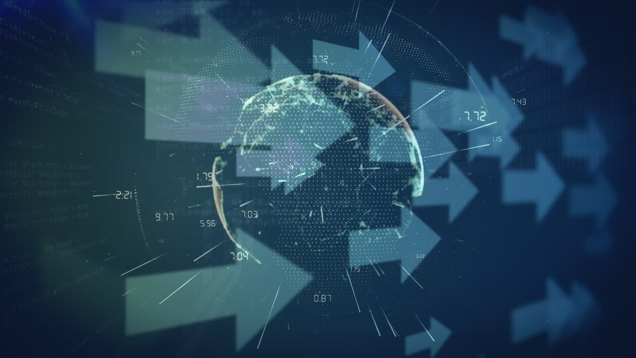 해군 공간에서 회전하는 화살표, 숫자 및 지구의 애니메이션