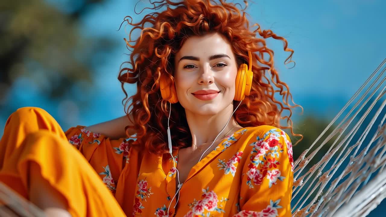 A woman with red hair wearing headphones sitting in a hammock