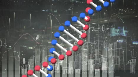 Animation-of-dna-strand-spinning,-statistics-and-data-processing-over-cityscape