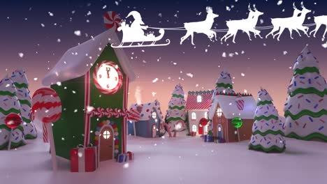 Santa-Claus-in-sleigh-and-snow-falling-over-winter-landscape