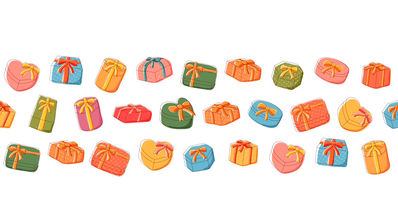 선물 상자 아이콘 움직이는 패턴 배경 만화 어린이 손으로 그림 일러스트, 생일 축하 콘셉트 디자인 백색 배경에 고립 된 원활한 루핑 애니메이션 4k, 중앙 복사 공간