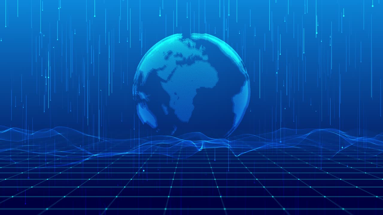 Animated rotating globe icon surrounded by digital trails dropping down over flowing wave grid