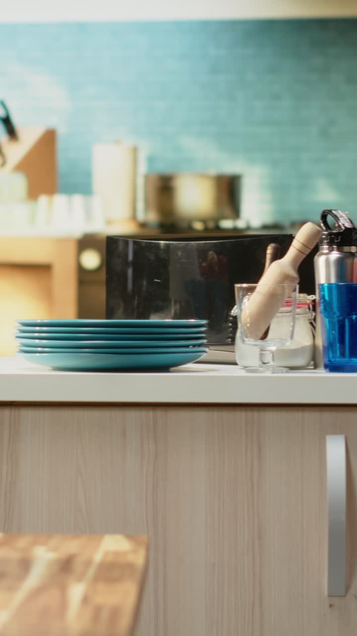 Vertical Video Kitchen interior with croissants and coffee for breakfast meal