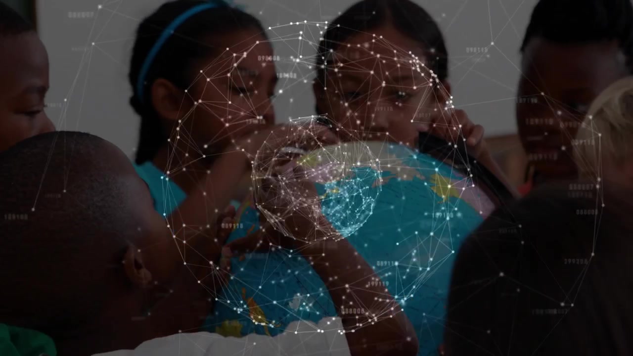 Kids hovering over globe forming holographic network and spinning globe exploring education