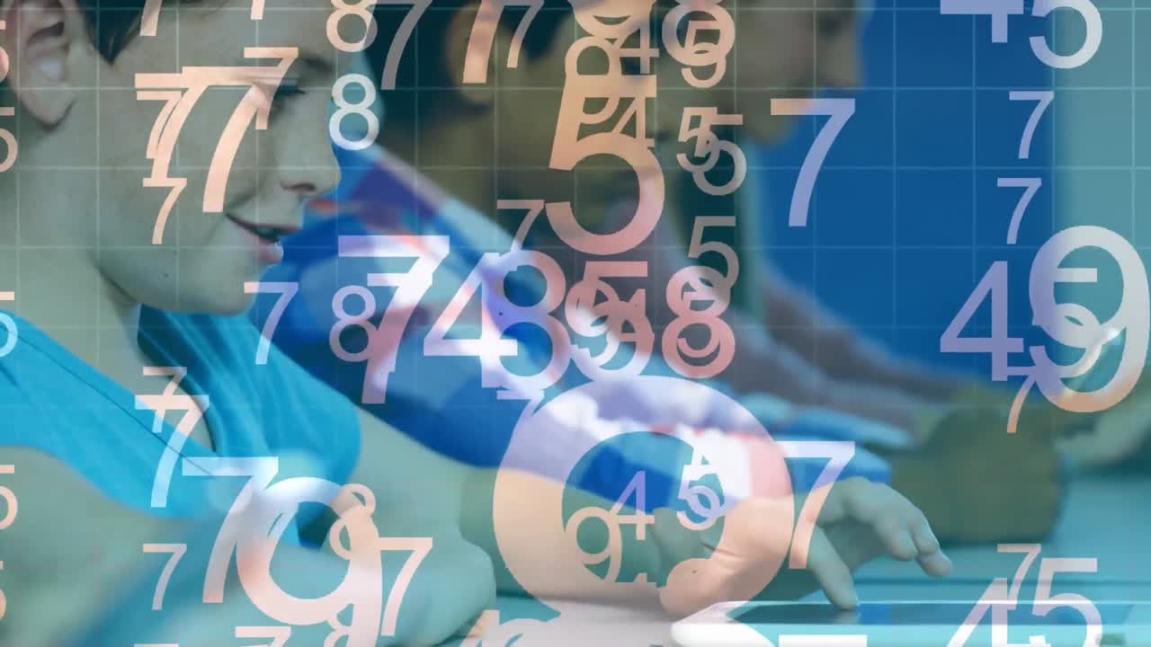 escolares trabajando con teléfonos inteligentes y tabletas mientras los números se mueven