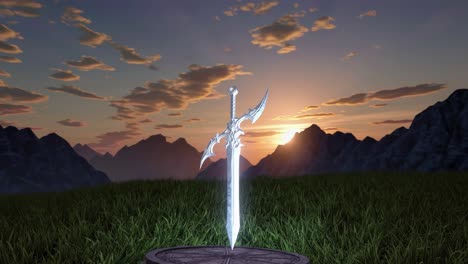 Magical Sword in a Mountain Landscape at Sunrise/Sunset
