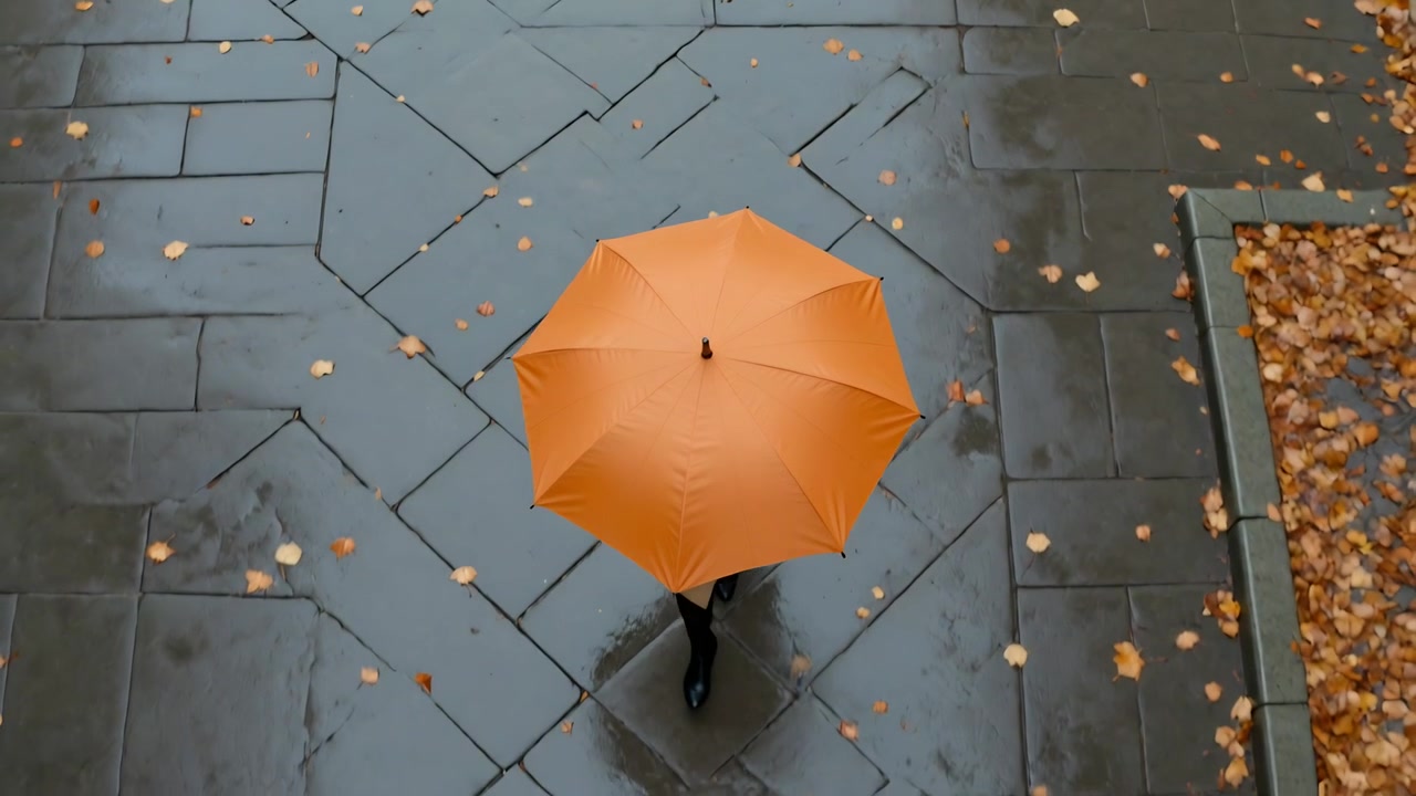 Una persona con un cappotto leggero cammina tenendo un ombrello arancione, attraversando una pavimentazione bagnata sotto la pioggia per rimanere asciutta.