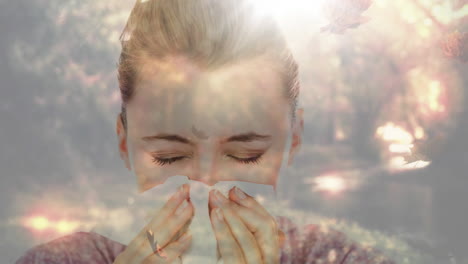 falling autumn leaves and woman sneezing while suffering from allergy 4k