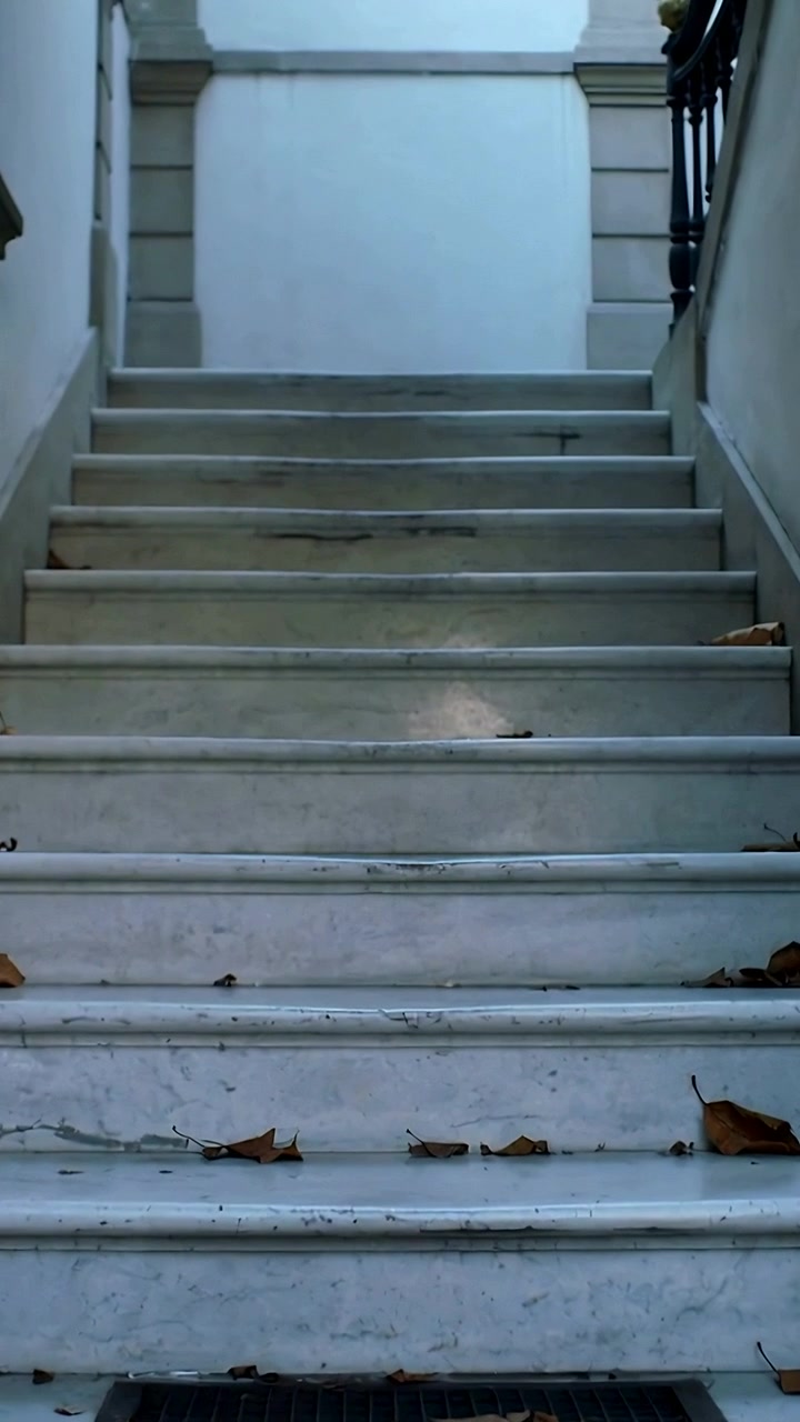 Vertical video: Recording camera filming worn marble stairs up landing for condition, leaves, vent