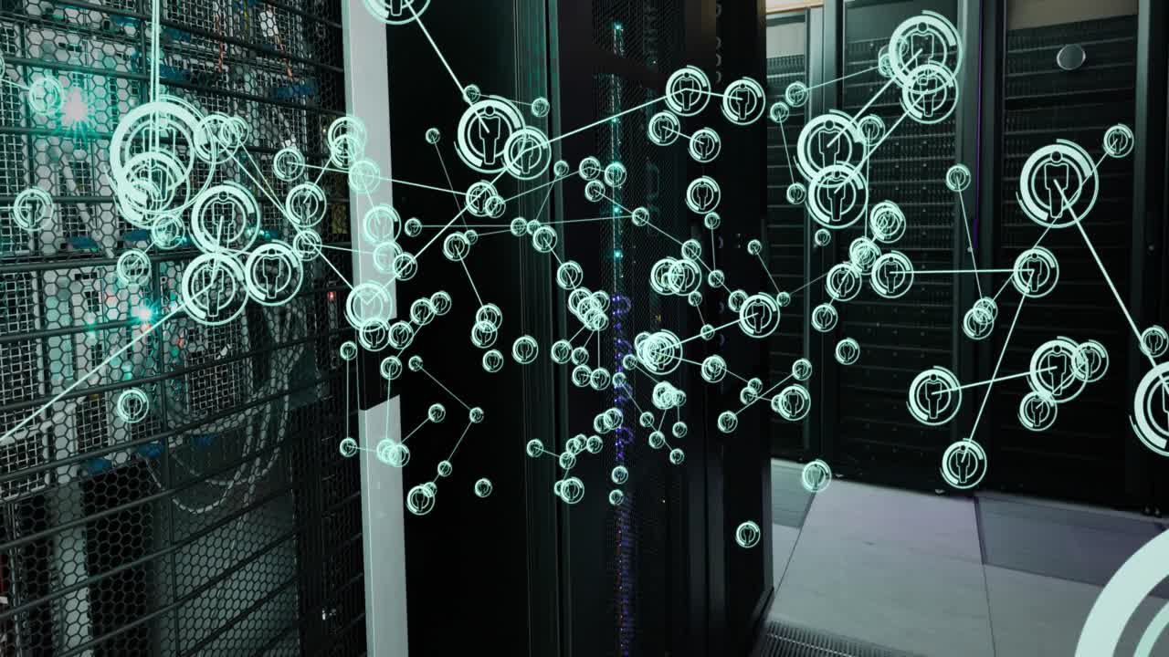 Animation of icons connected with lines over server room in background