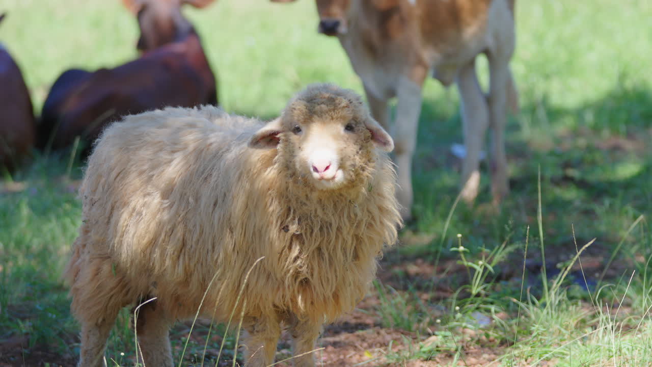 Group of sheep grazing in agricultural field in Argentina, rural economic development