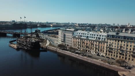 st. petersburg cityscape with river and historical ship