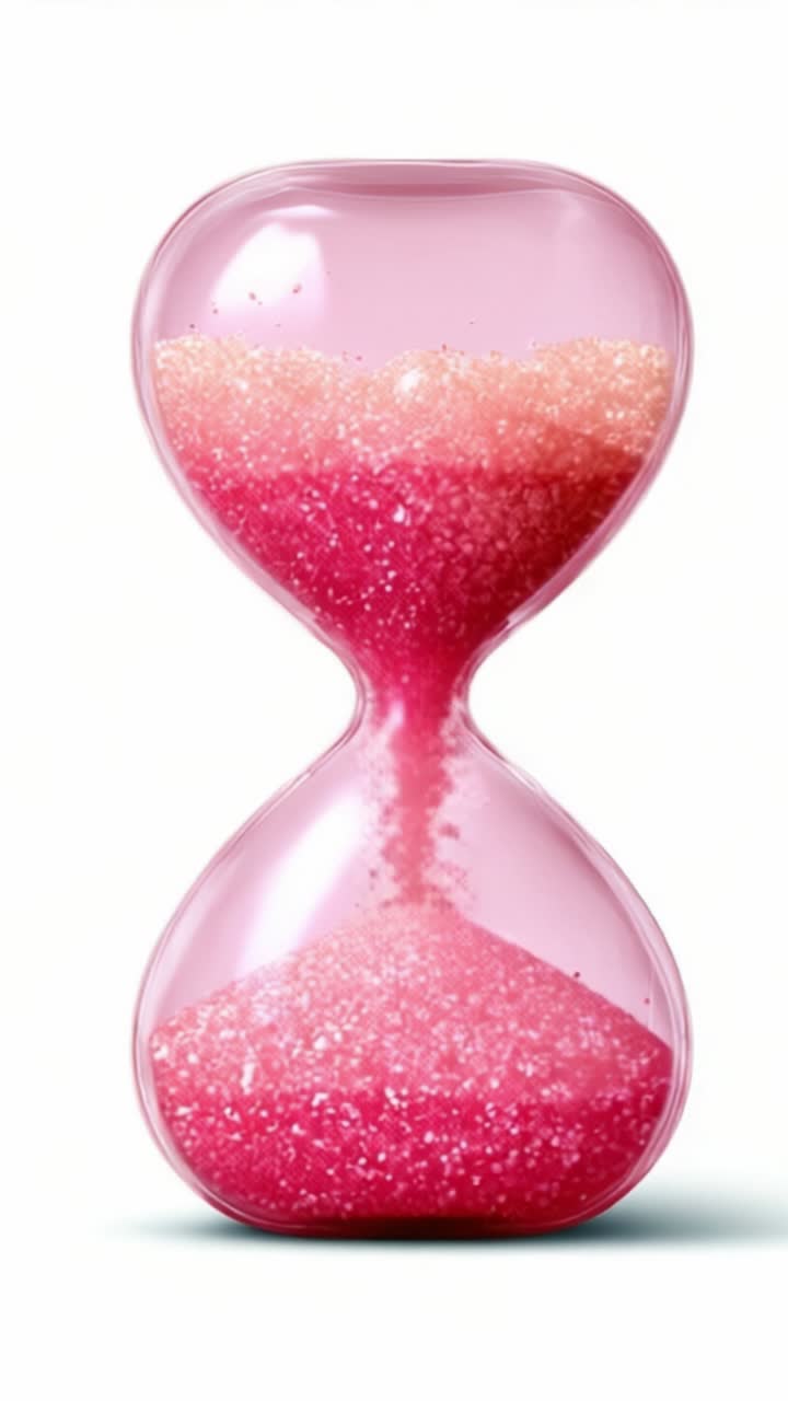 An elegant hourglass filled with vibrant pink sand gently flowing from the top chamber to the bottom, symbolizing the passage of time and transition