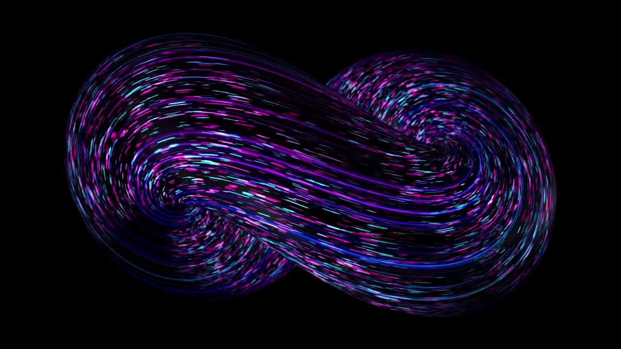 Infinity symbol, 3D moving colorful figure on black background, seamless loop. Animation. Beautiful eternity sign with many narrow neon lines of blue and pink colors