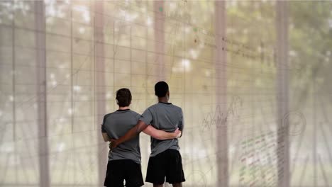 animation of back of diverse sportsmen looking at screen with diverse data and graphs