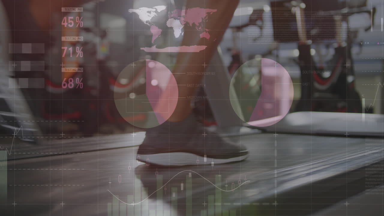 Fitness data and world map animation over person running on treadmill in gym