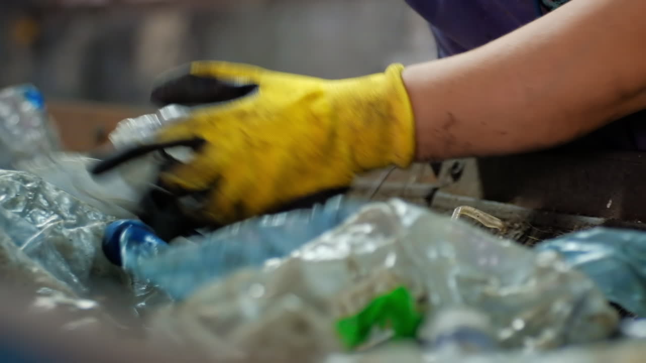 Worker in special wear sorting plastic garbage on a conveyor belt at waste recycling factory