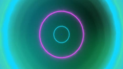 animation of yellow, blue, pink and green pulsating neon circles on green background