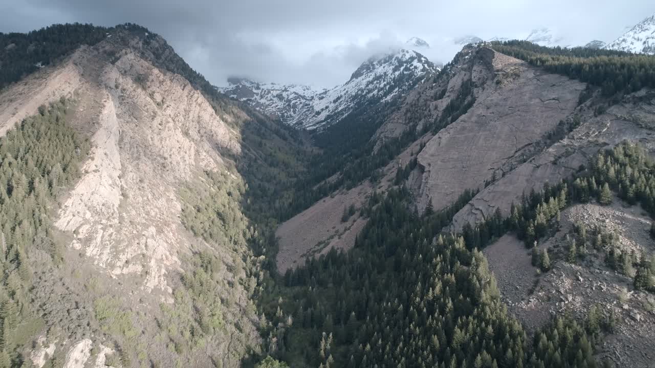 panorámica de las montañas de verano a baja altitud y picos nevados nublados cerca de la cima, filmado en el gran cañón de cottonwood, utah con la iluminación del atardecer que viene desde el lado derecho