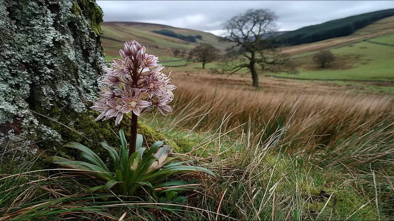 A Breathtaking Close-Up of an Elegant Orchid Blooming Amidst a Serene Pastoral Landscape, Showcasing Nature's Beauty and Delicate Flora in a Tranquil Environment