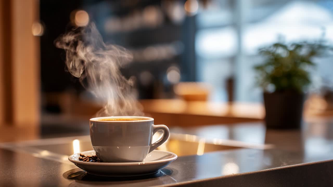 A cozy cup of steaming coffee gracefully displayed on a modern countertop, showcasing the delicate balance between warmth and style, inviting viewers to experience the soothing essence of a well-brewed beverage