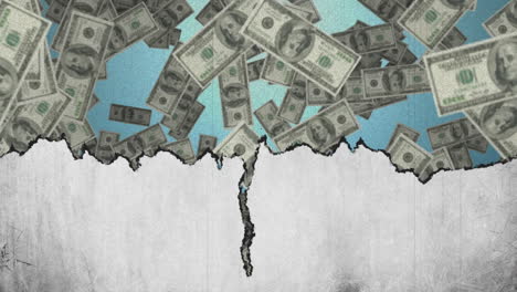 animated broken screen with falling dollars depicts us finance concept.