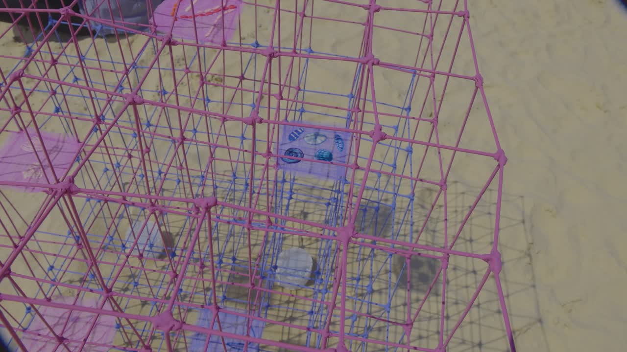 escultura geométrica colorida en la playa de arena