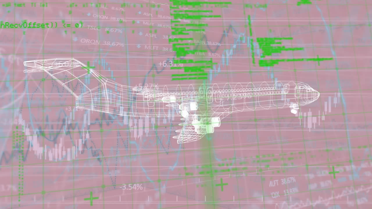 그래프를 통해 컴퓨터 언어의 애니메이션, 비행기의 3d 모델에 대한 거래 보드