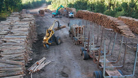 at logging forestry landing, truck is loaded with logs with boom