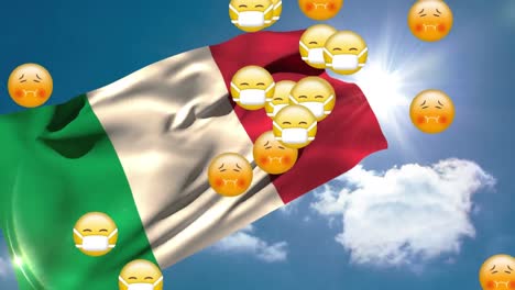 Animation-Der-Italienischen-Flagge-über-Mehreren-Symbolen-Vor-Blauem-Himmel