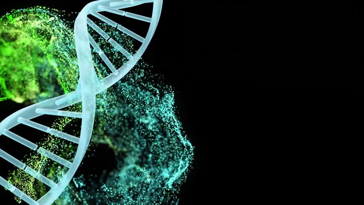 Animation of dna strand and colourful spots on black background