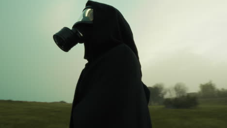 After the Nuclear Disaster One Man Looks Around With Gas Mask Destroyed Nature
