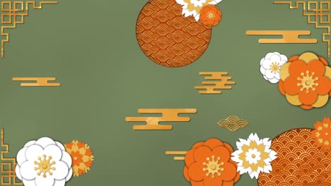 Animation-of-shapes-and-flowers-on-green-background