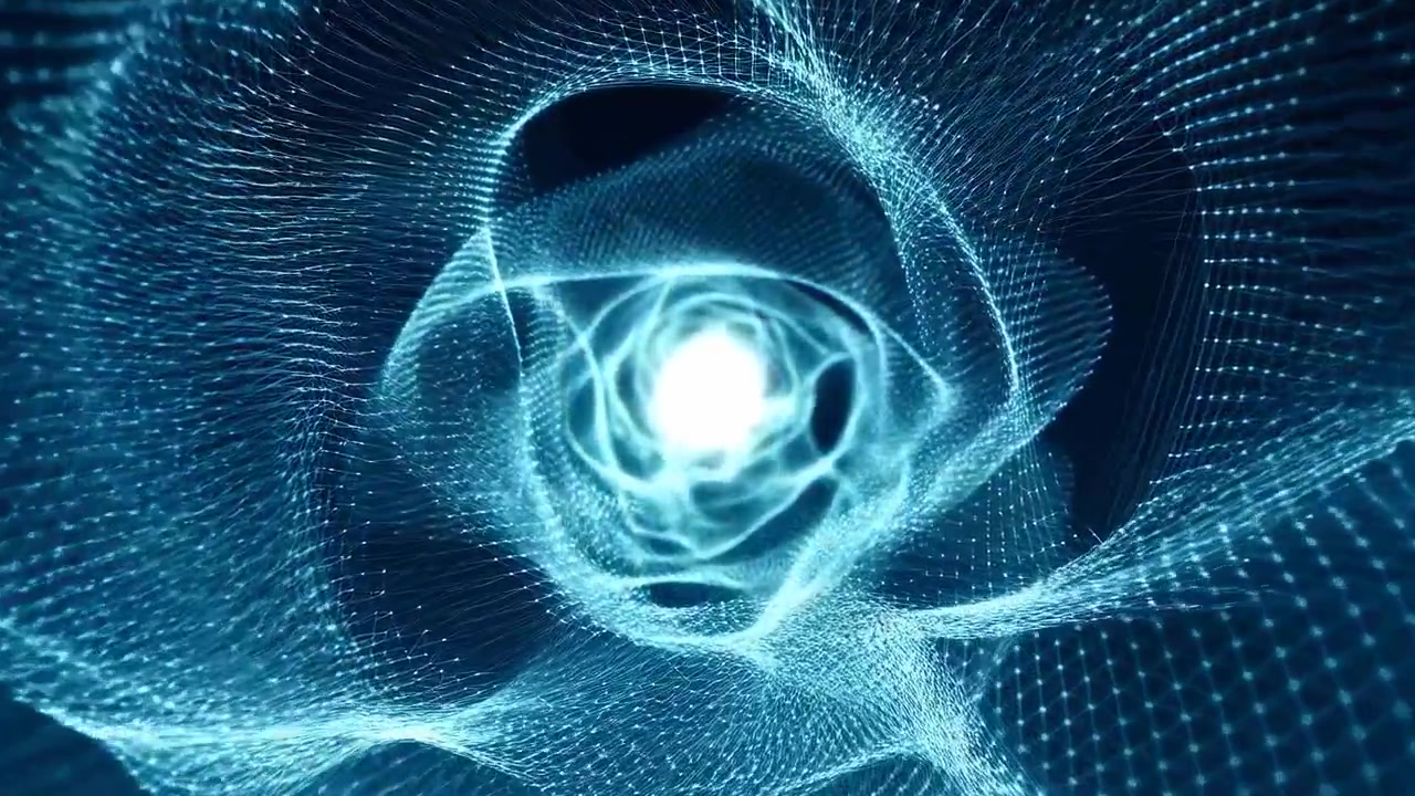 Nucleo di tunnel a rete dati blu luminoso, matrice di punti fluida che forma un portale simile a un'iride, atmosfera di rete futuristica