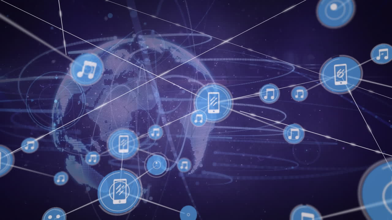animación de una red de iconos digitales contra rastros de luz sobre un globo giratorio sobre un fondo púrpura