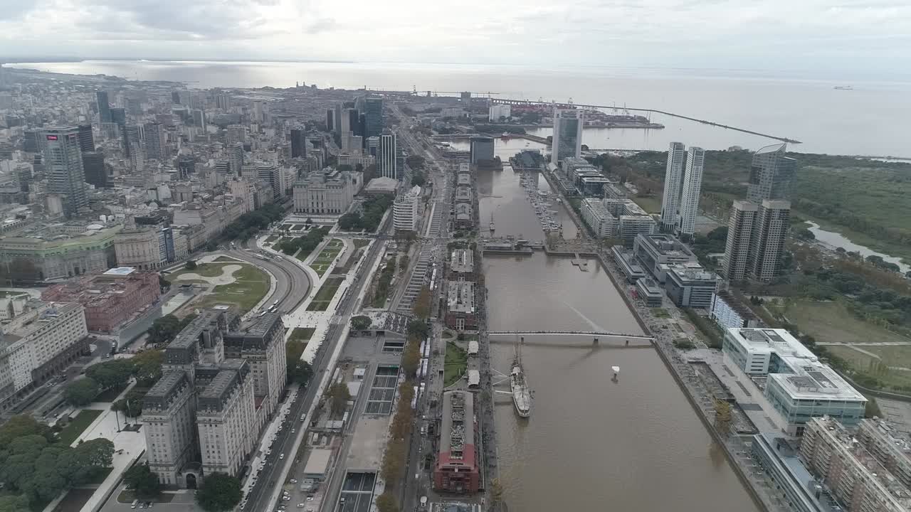 Aerial view of Buenos Aires city, Puerto Madero, background buildings. Argentina.
