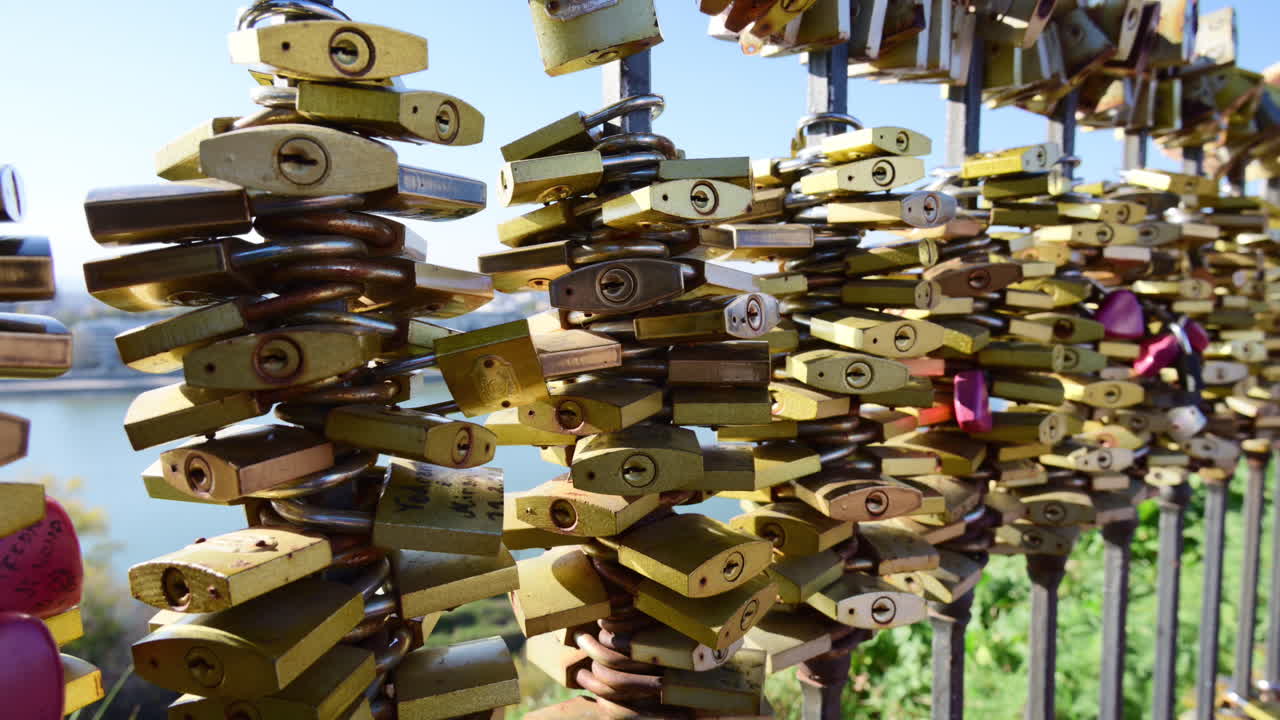 Countless padlocks attached to a bridge railing representing love, romance, and lasting devotion, Novi Sad, Serbia