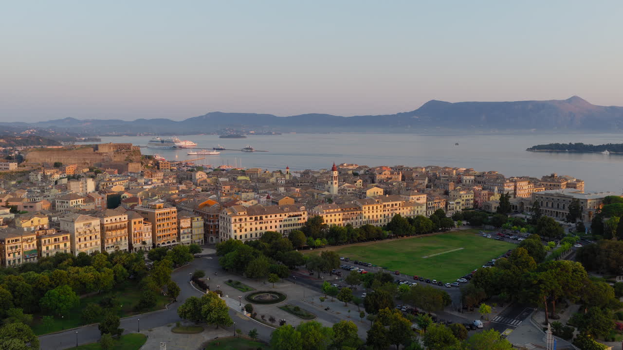 Aerial sunrise view of Corfu Old Town with Venetian fortress, Greece cultural tourism
