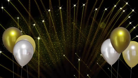 Animation-of-gold-and-silver-balloons-with-fireworks-on-black-background