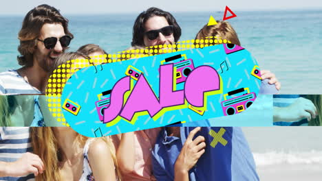 group of friends at beach with colorful sale animation overlay