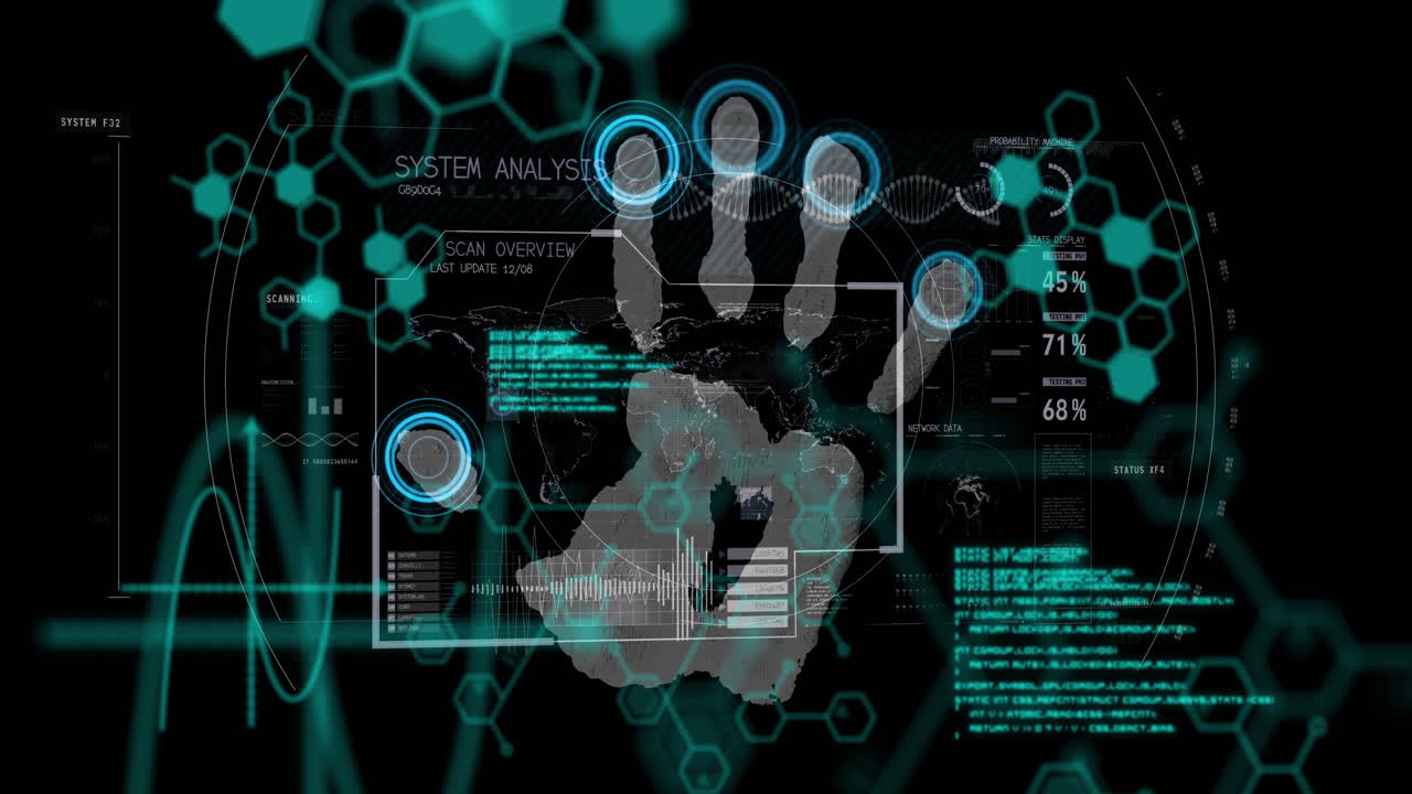 animación de fórmulas químicas y procesamiento de datos sobre huellas dactilares en fondo negro