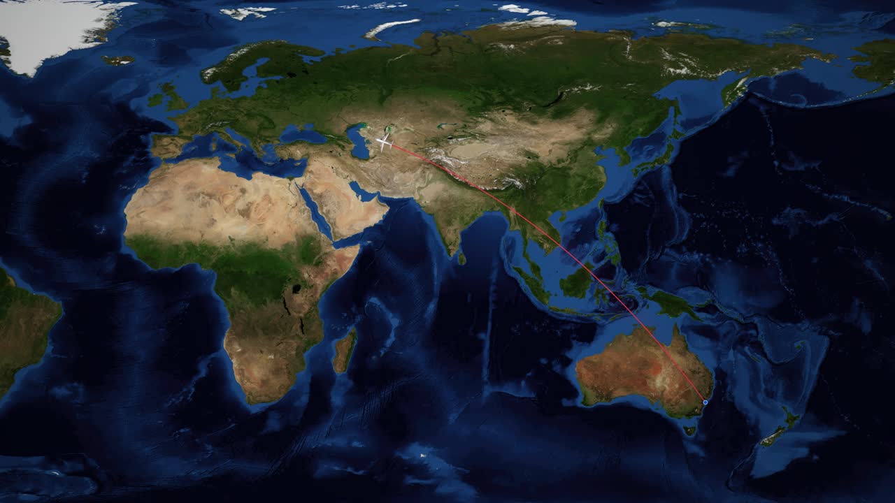 Aereo in volo da Sydney a Dublino su una mappa del mondo