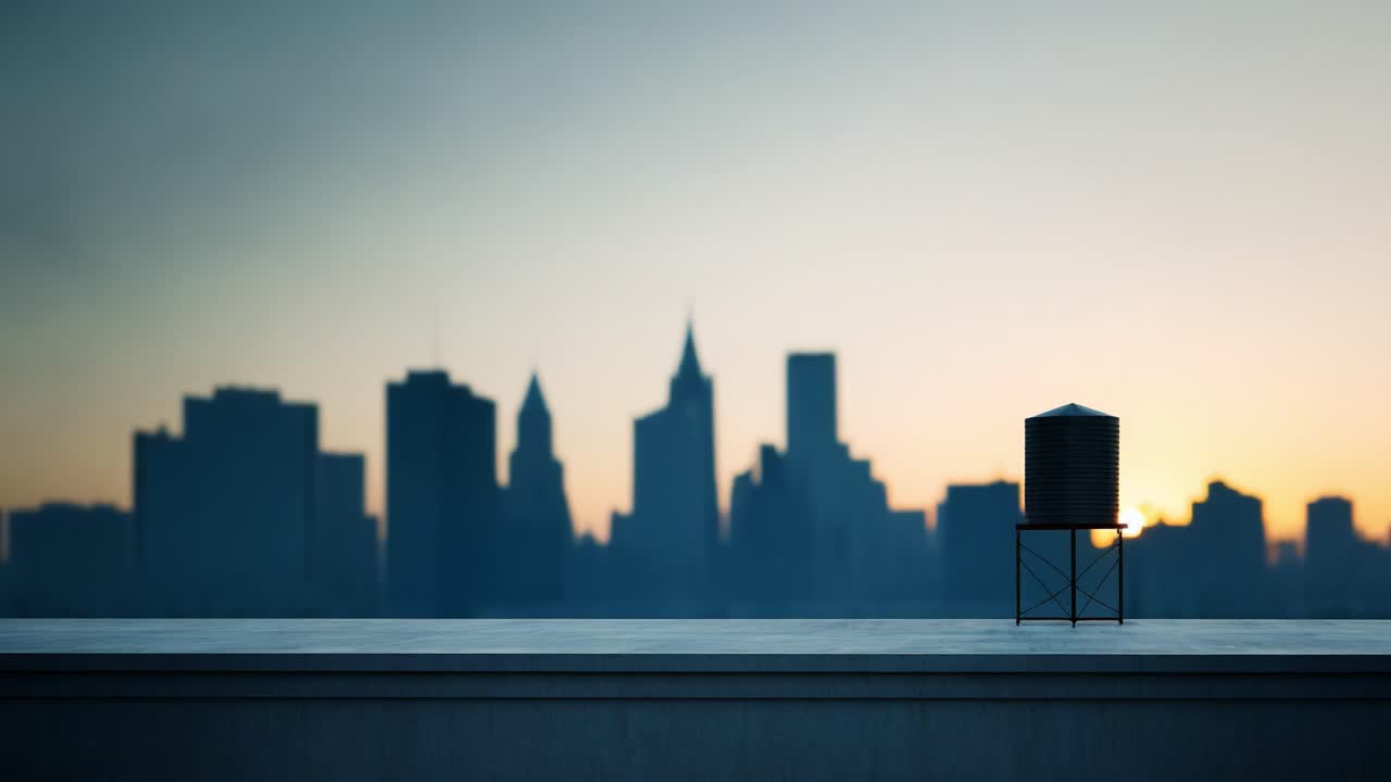 Un amanecer urbano sereno: capturando el momento de paz de la silueta de una torre de agua contra un horizonte de tonos suaves mientras la luz del día se desvanece lentamente en la noche