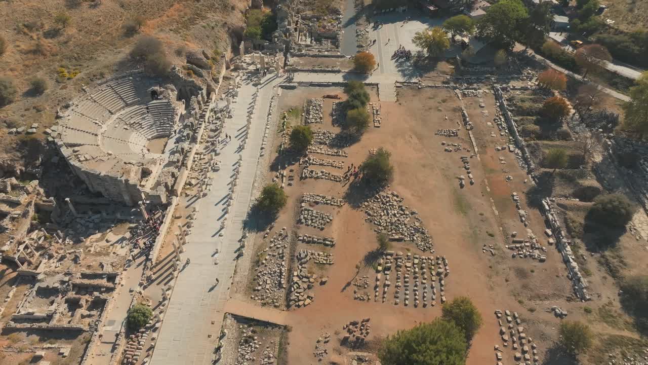 Aerial view of Ephesus historic city in Ancient Greece, stone ruins of Turkey