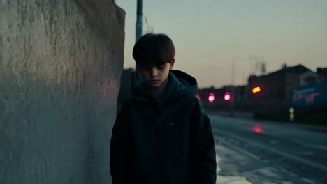 a young boy standing alone on a street at night.